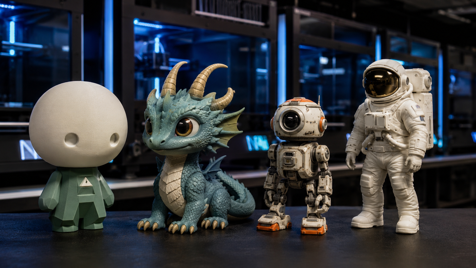 Representative 3D printed prototype characters and sample parts