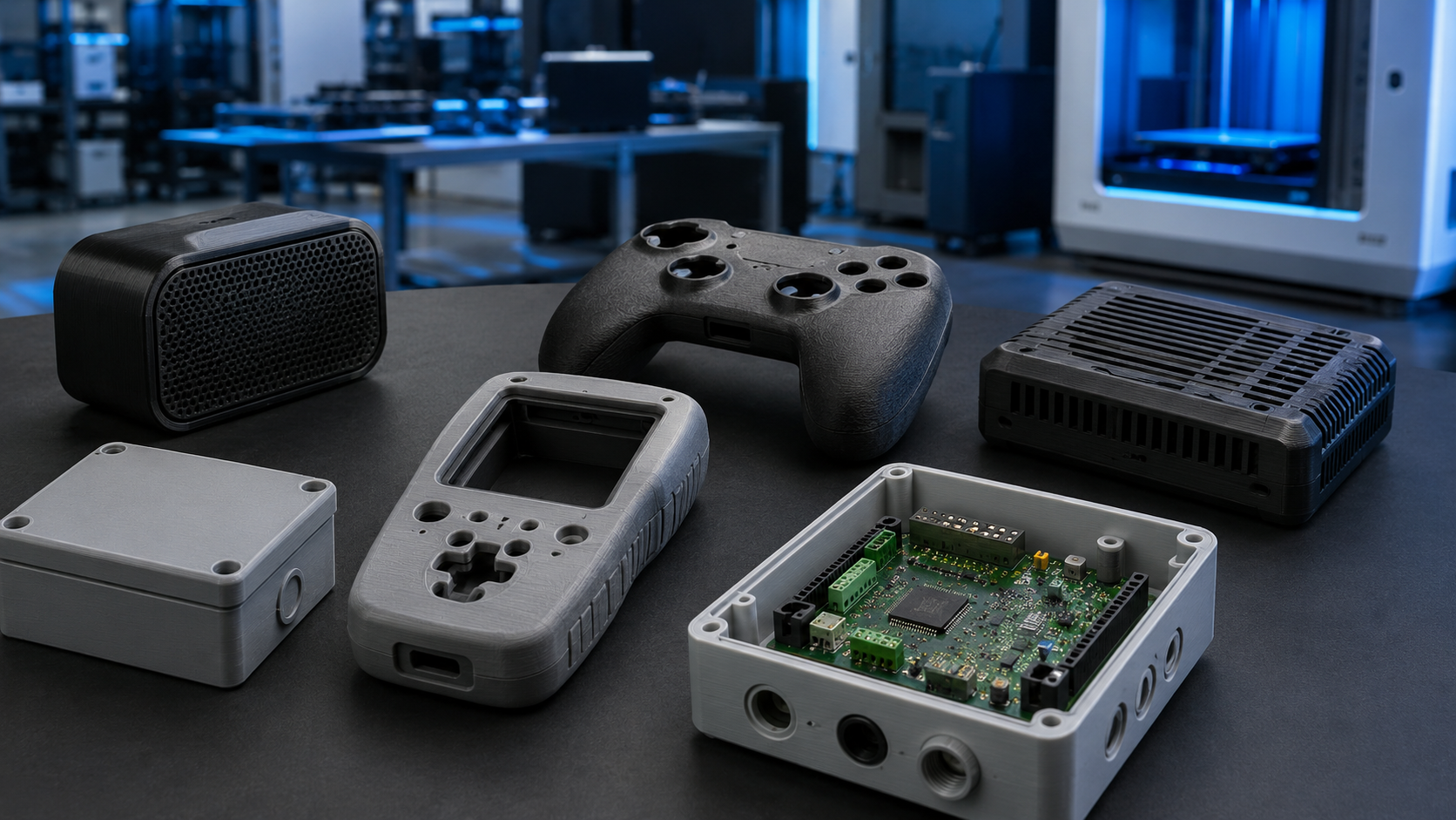 Representative electronics enclosures and components prepared for assembly
