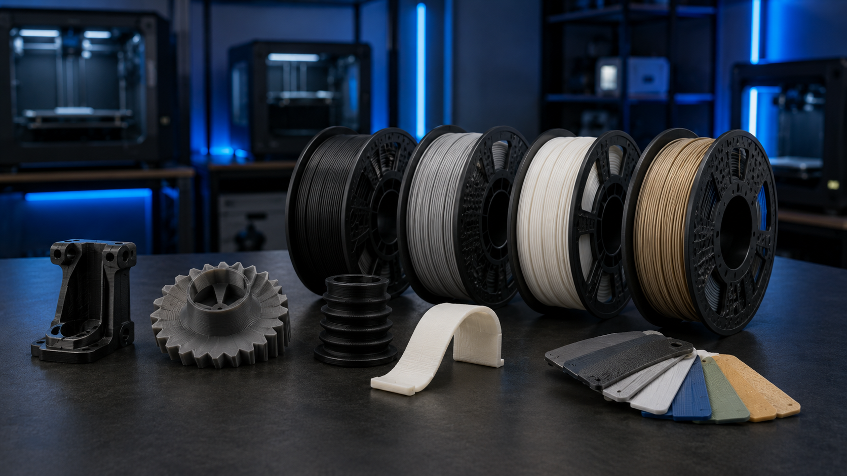 FDM materials, filament spools, and representative printed parts