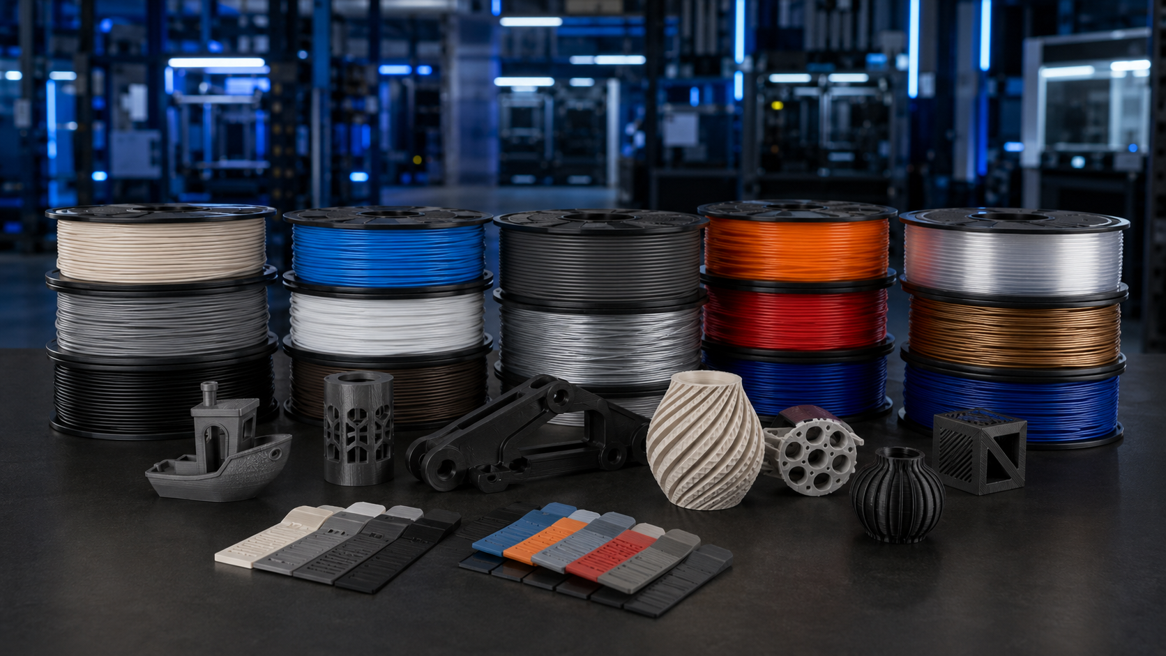 Representative FDM material colors, textures, and sample components