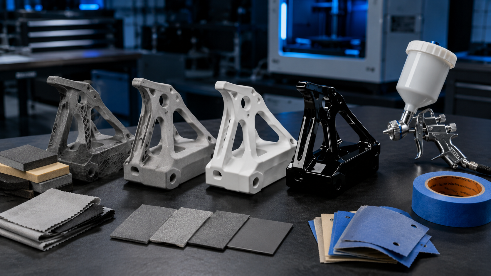 Representative 3D printed parts at different stages of surface finishing