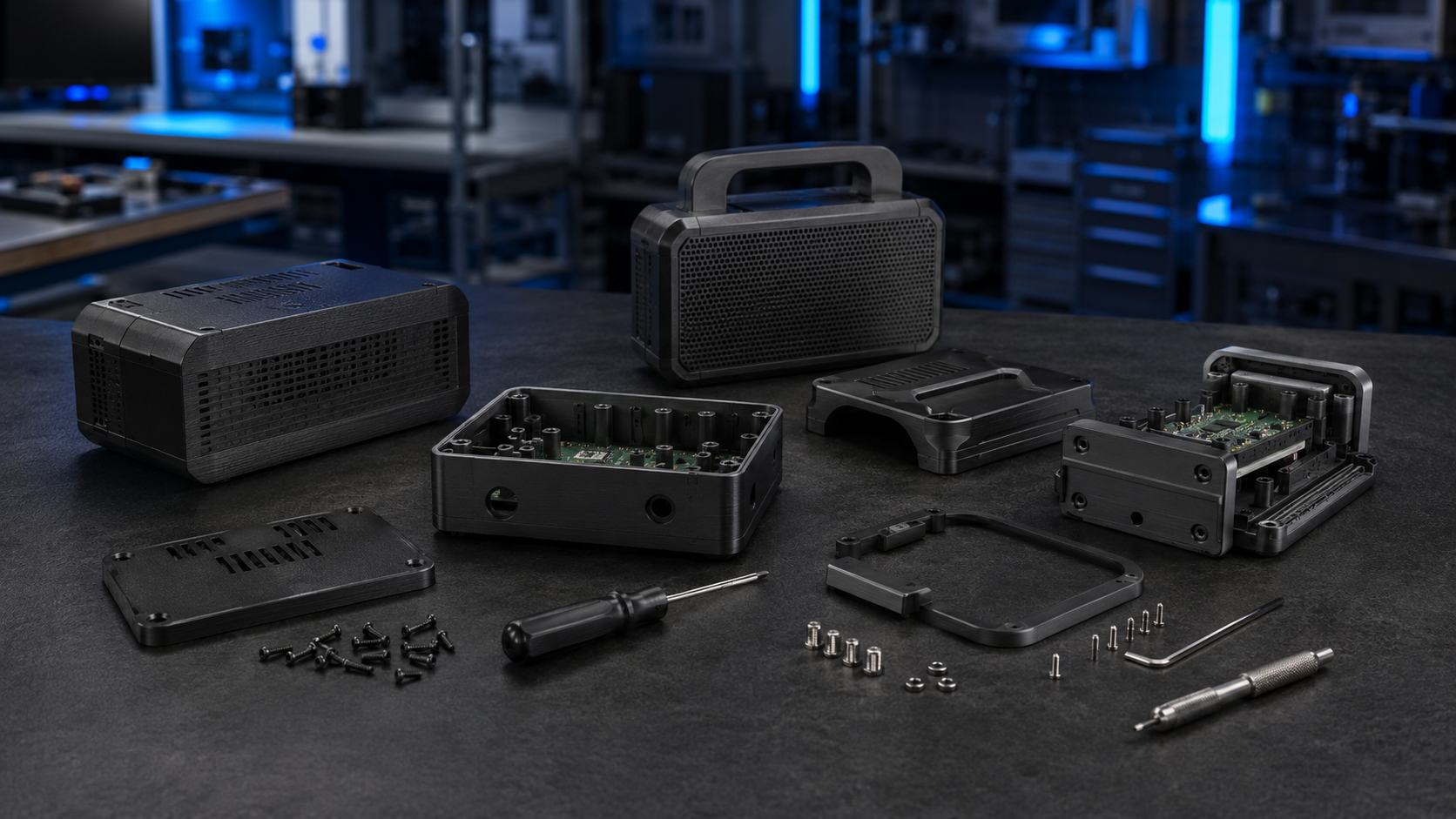 Representative enclosure components arranged for product assembly