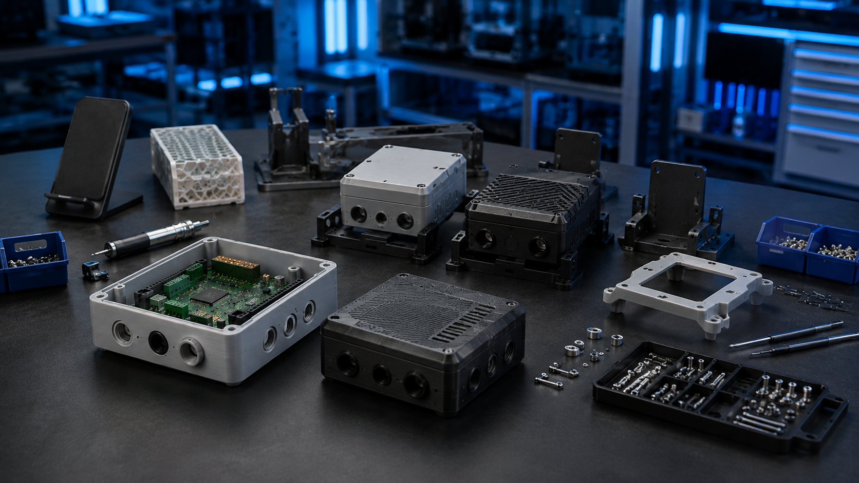 Representative electronics assemblies, fasteners, and printed housings