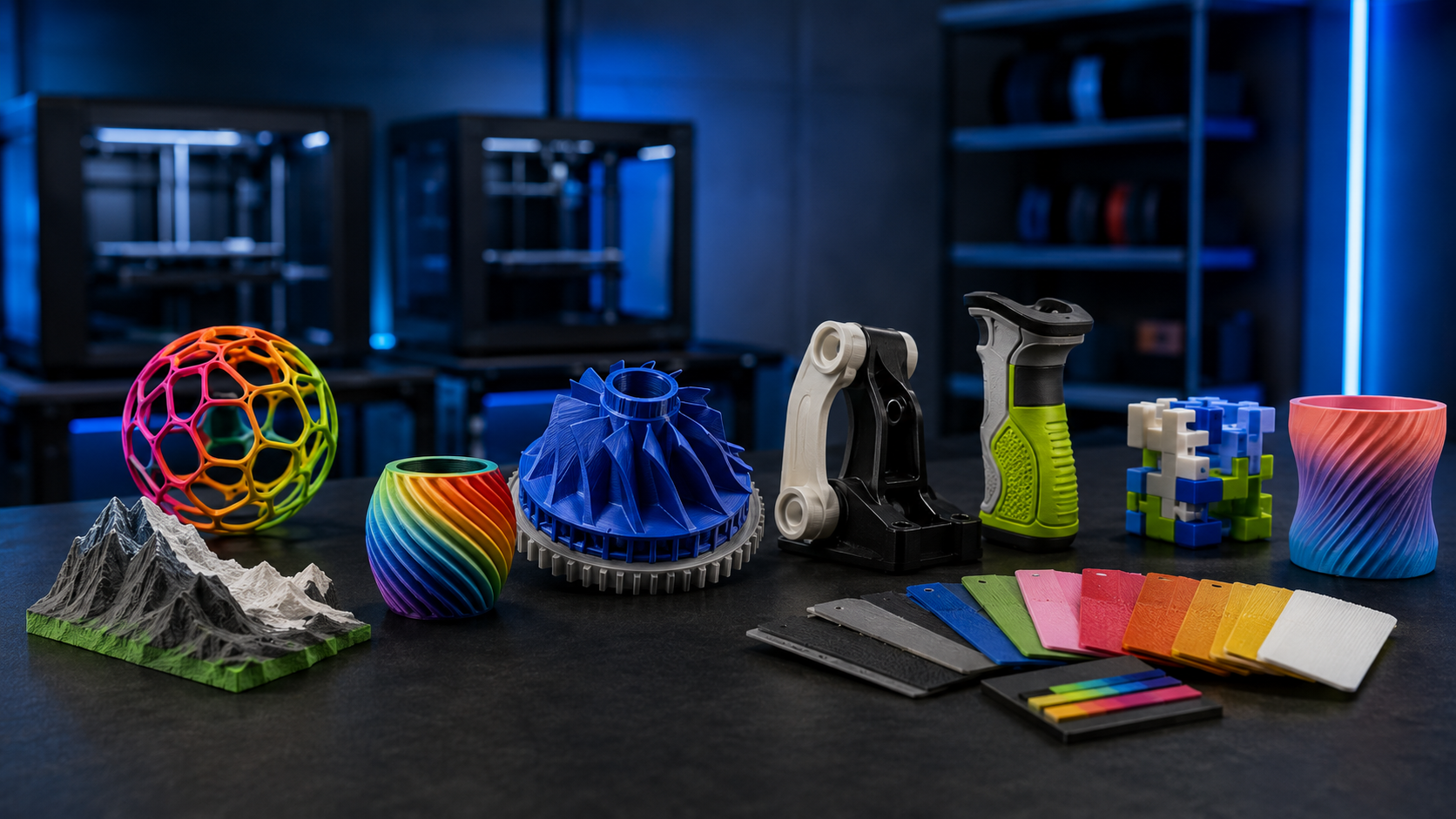 Representative colorful 3D printed toys and collectible products