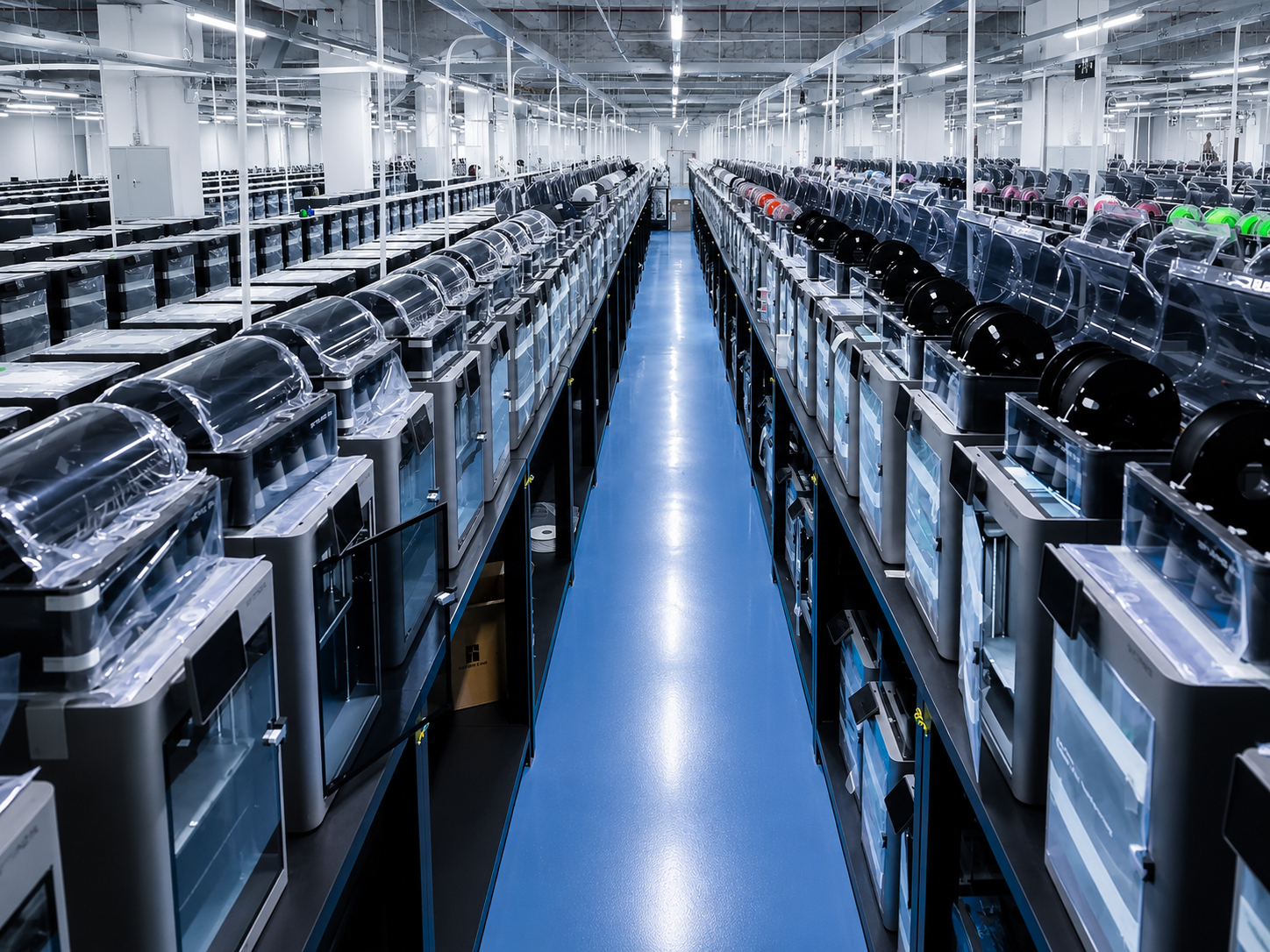 Representative organized rows of printers for repeat batch production