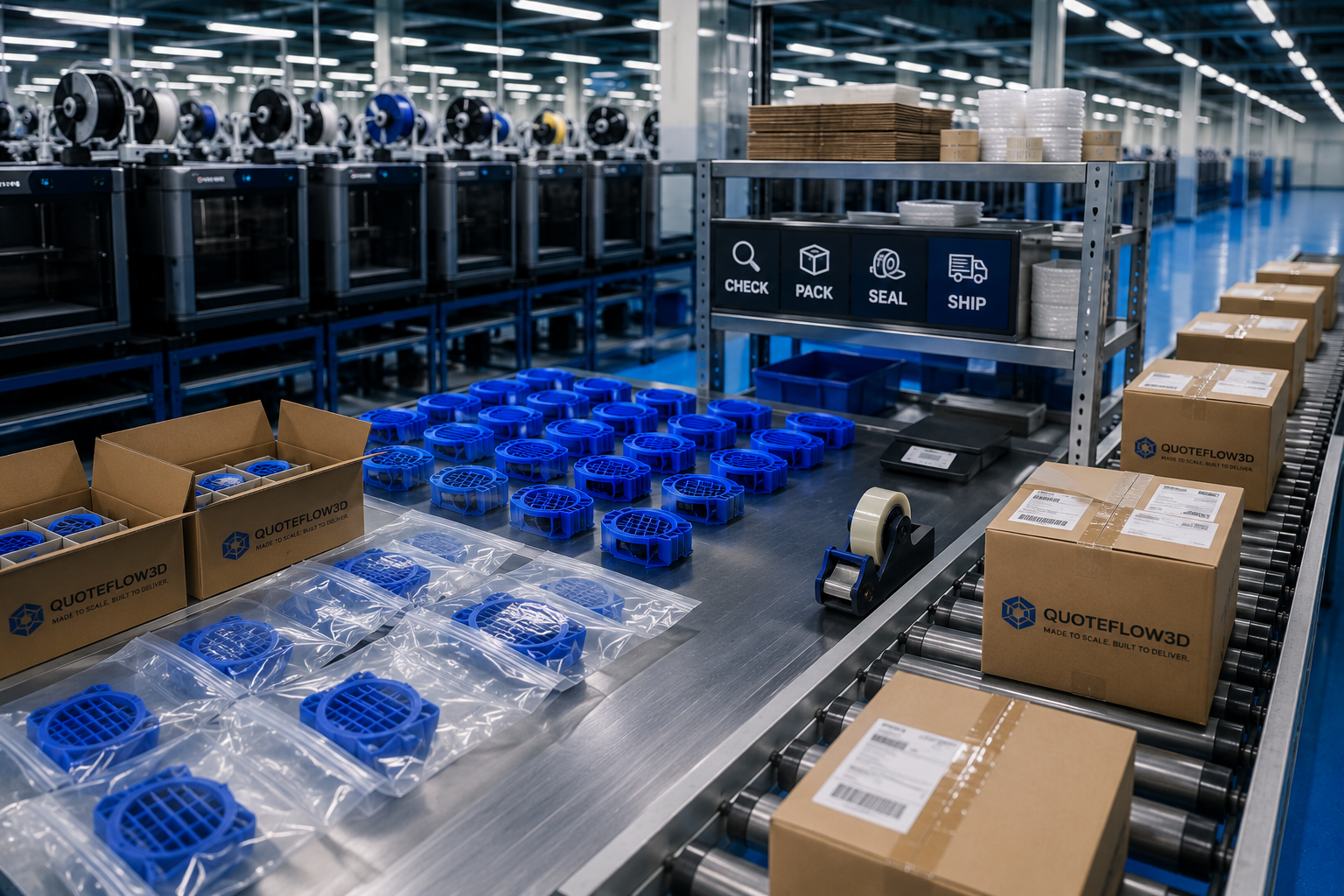 Representative printed parts organized for assembly and packaging