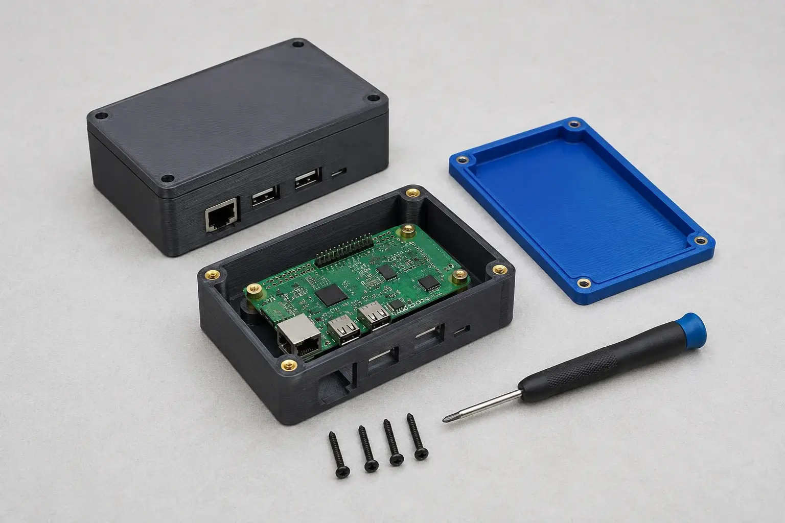 Application concept illustration: Printed electronics enclosure, circuit board, threaded inserts and assembly tools