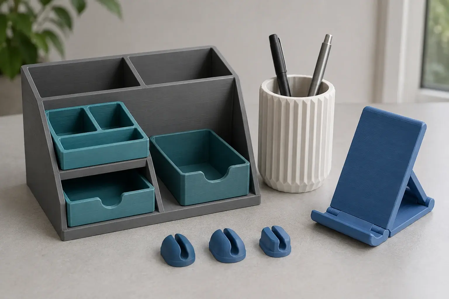 Application concept illustration: Printed desk organizer, pen cup, phone stand and cable clips