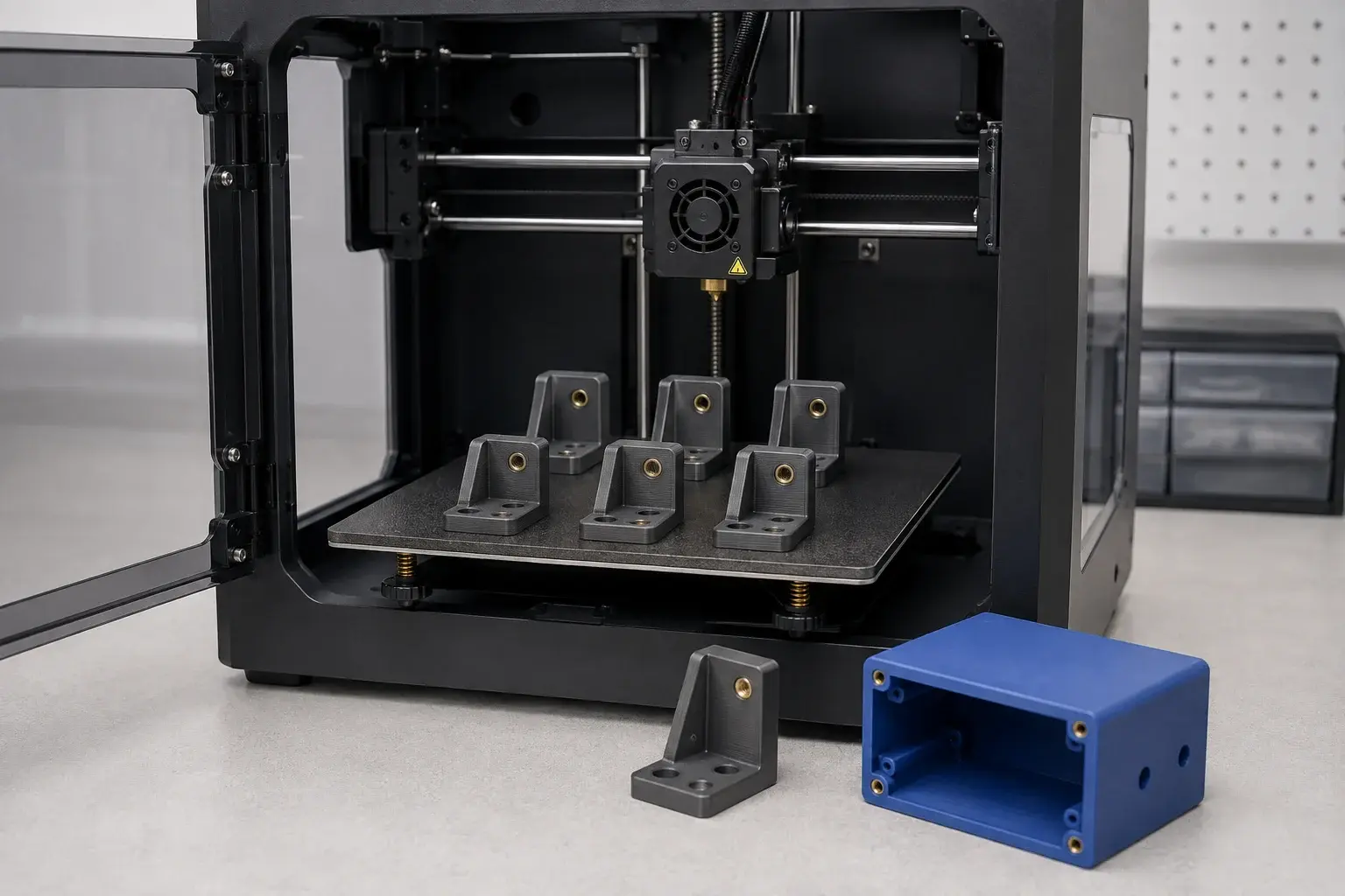 Application concept illustration: FDM printer with a batch of mounting brackets and a printed enclosure