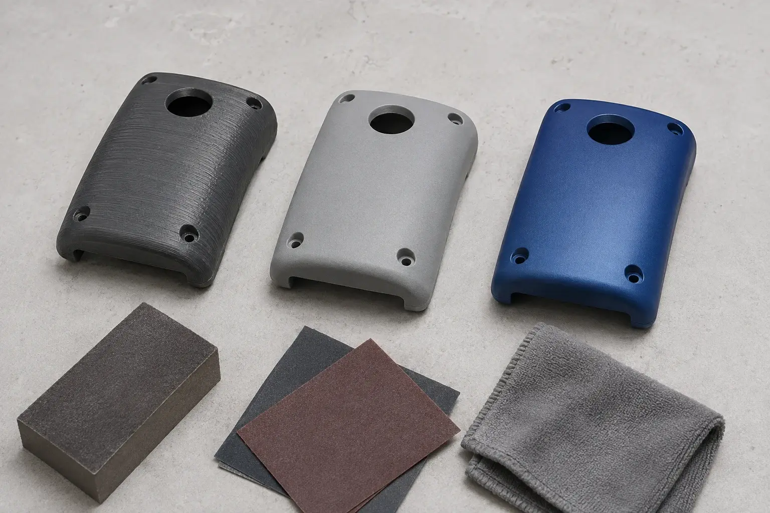 Application concept illustration: Matching enclosure lids with as-printed, sanded and coated surface examples