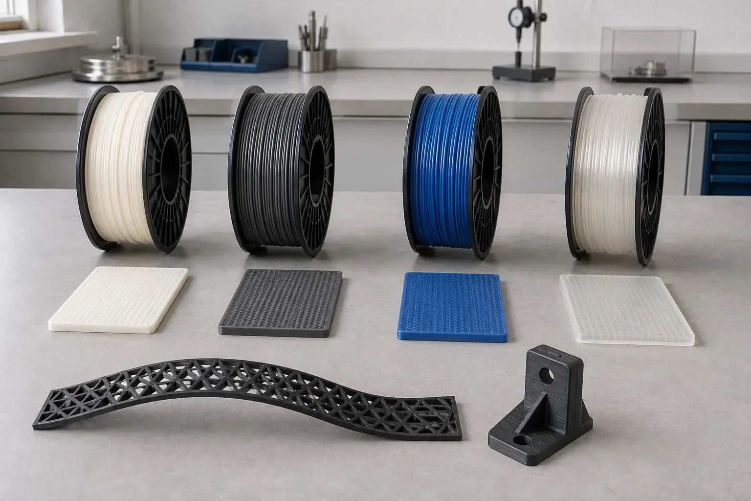 Application concept illustration: Filament spools, texture coupons and a flexible lattice example