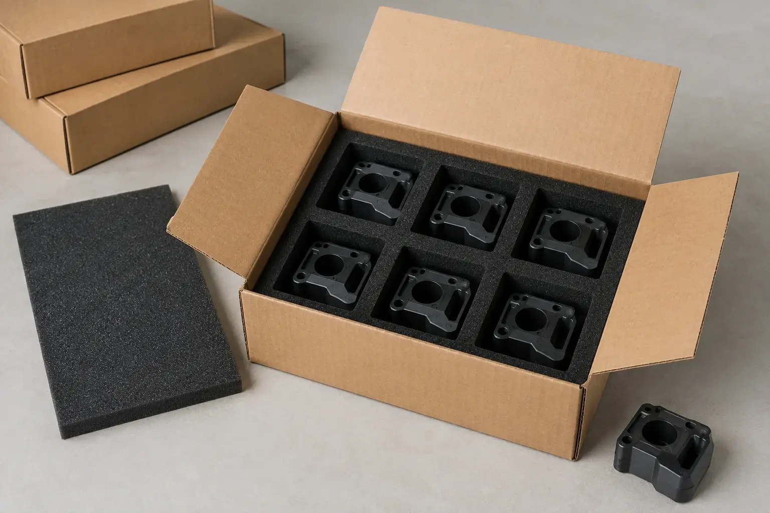 Application concept illustration: Printed components separated by protective foam in a shipping carton