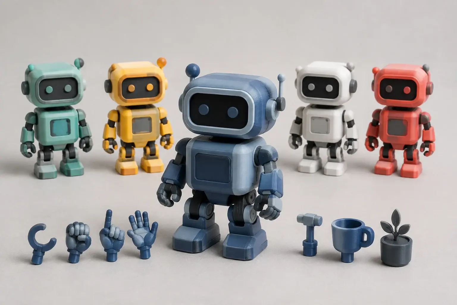 Application concept illustration: Original robot collectibles in multiple color variants