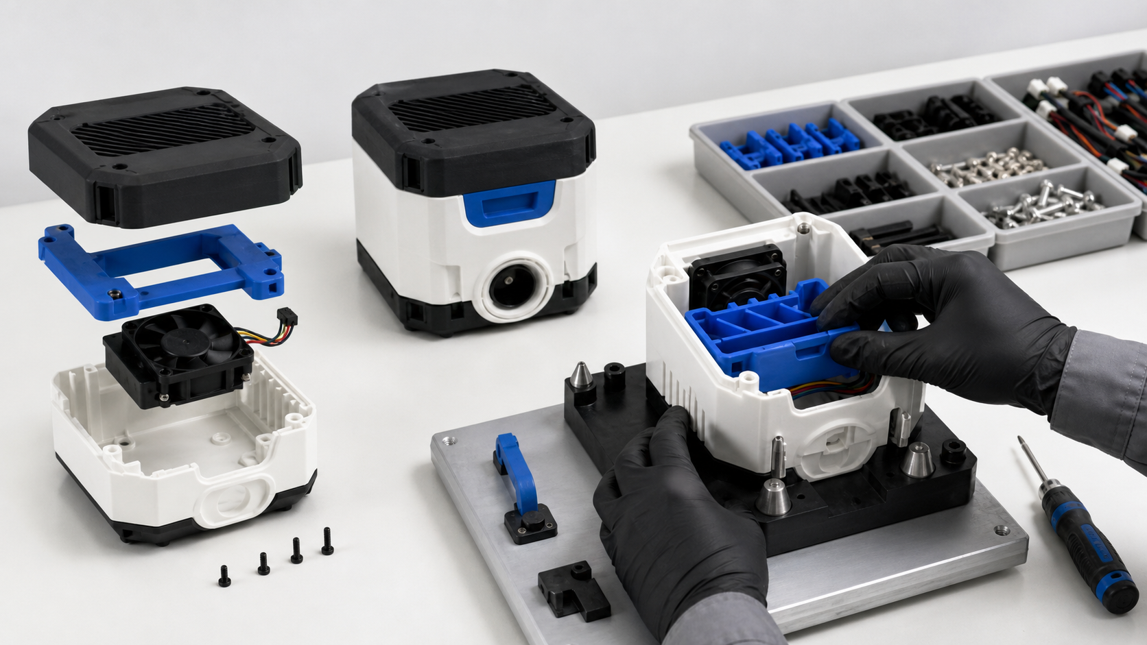 Illustrative assembly setup with printed parts and a fixture