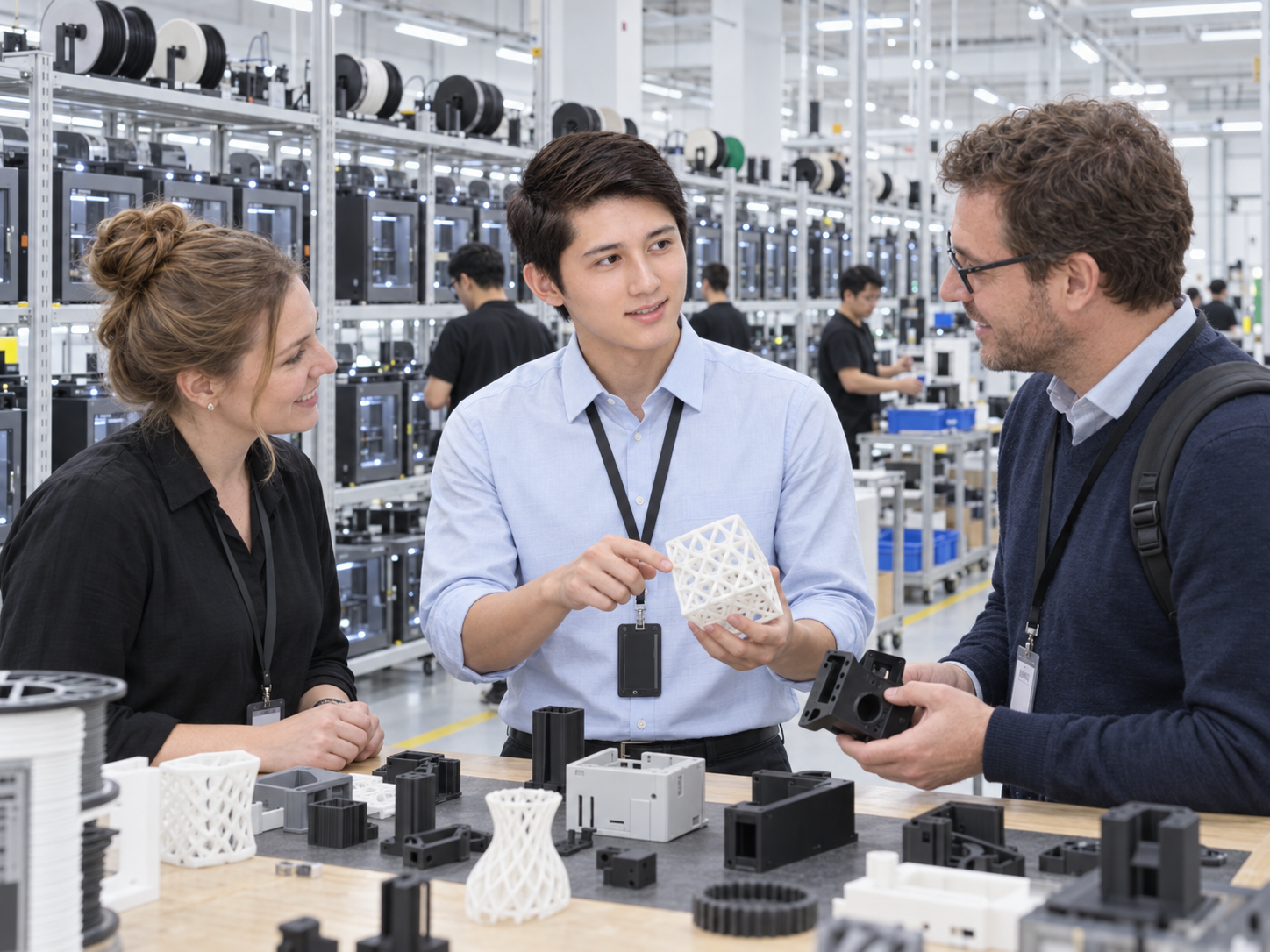 QuoteFlow3D Sales Director (center) holding a white printed sample and speaking with two visitors