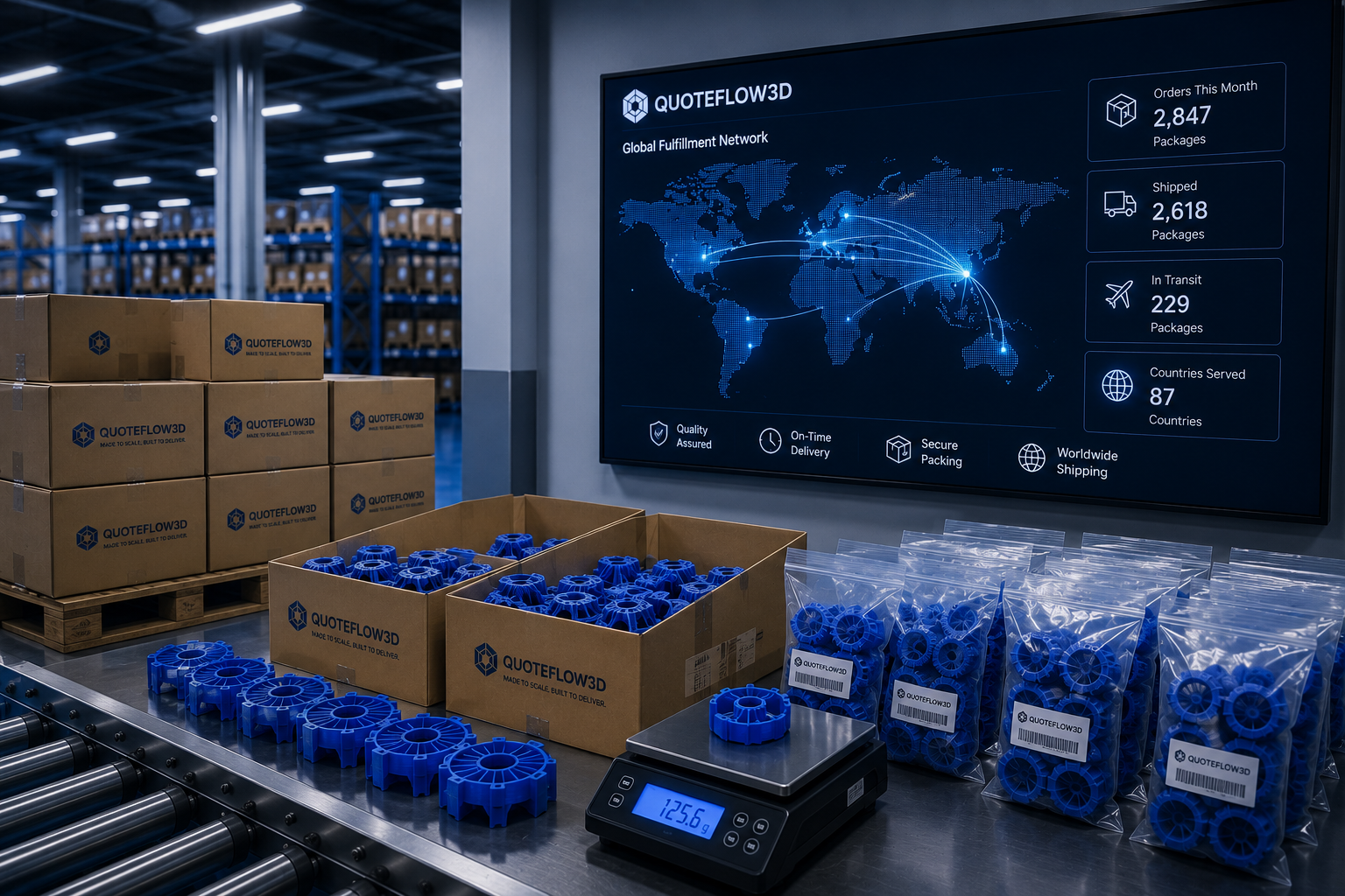 Representative accessory batch organized for packing and delivery