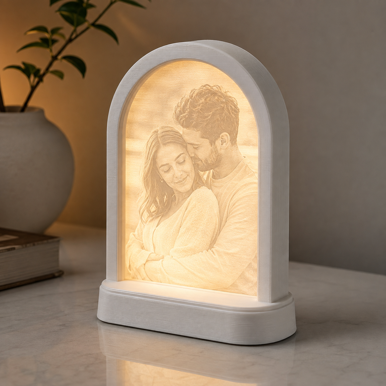 Warm illuminated arch-shaped 3D printed lithophane photo lamp