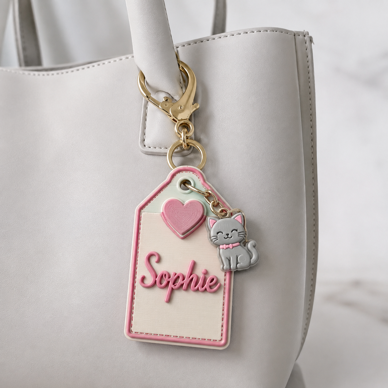 Pink personalized name tag with a gray cat 3D printed charm