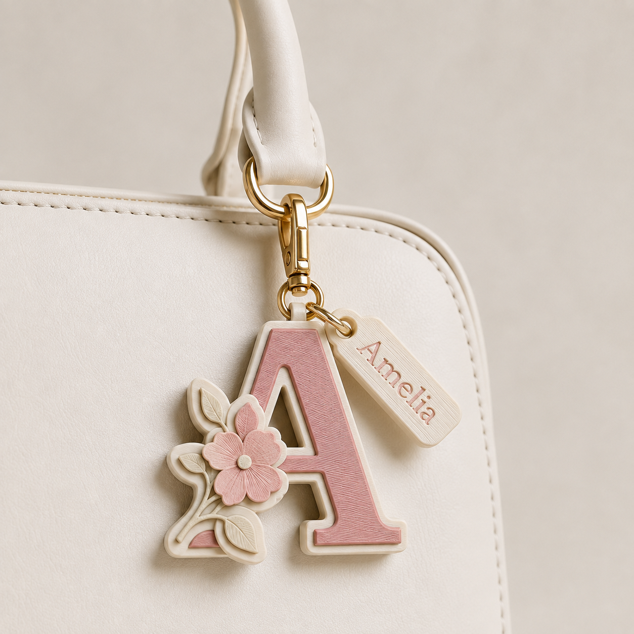 Pink floral initial 3D printed personalized bag charm