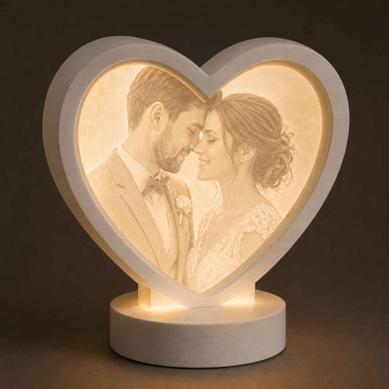 Heart-shaped illuminated 3D printed wedding lithophane photo lamp