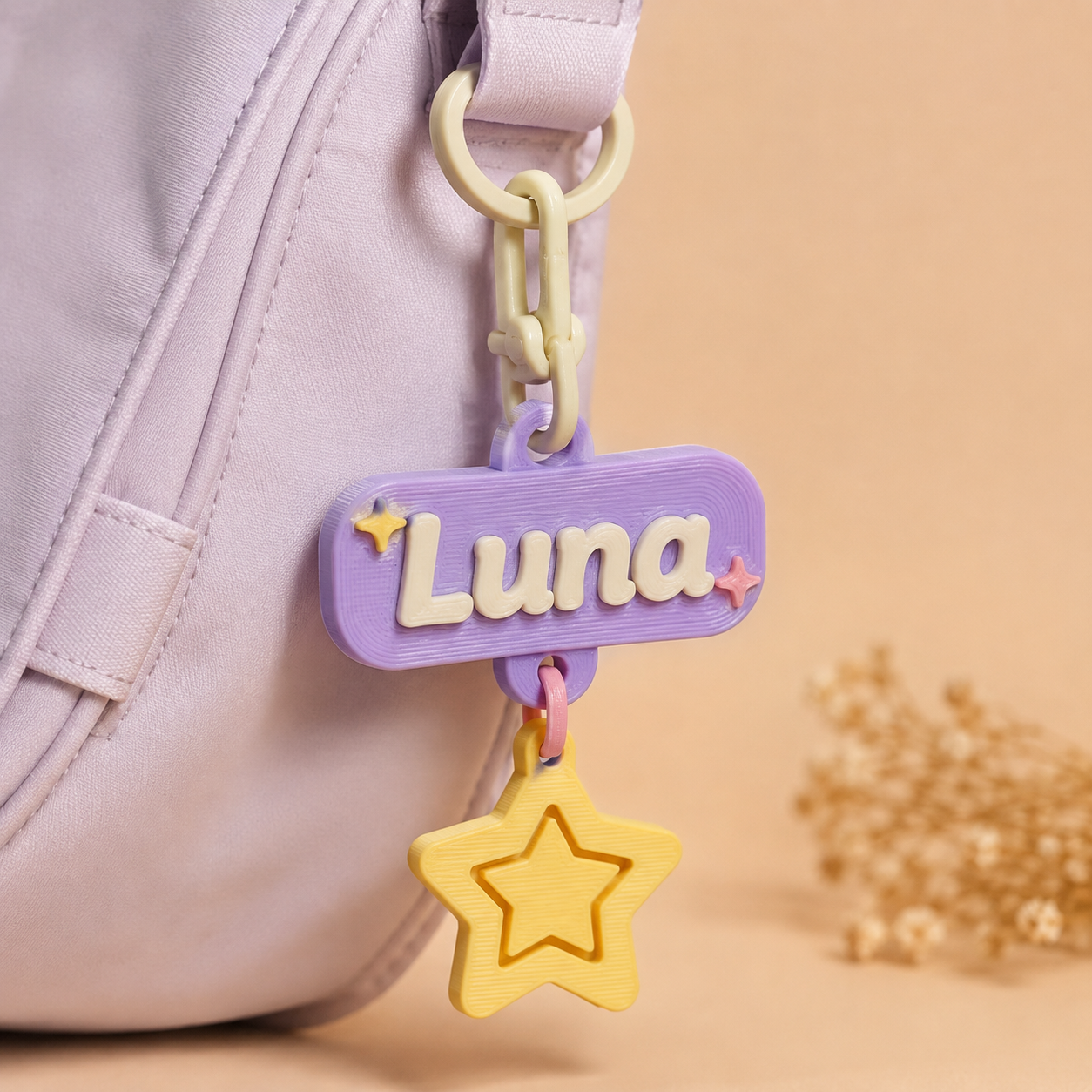 Purple name plate and yellow star 3D printed bag charm