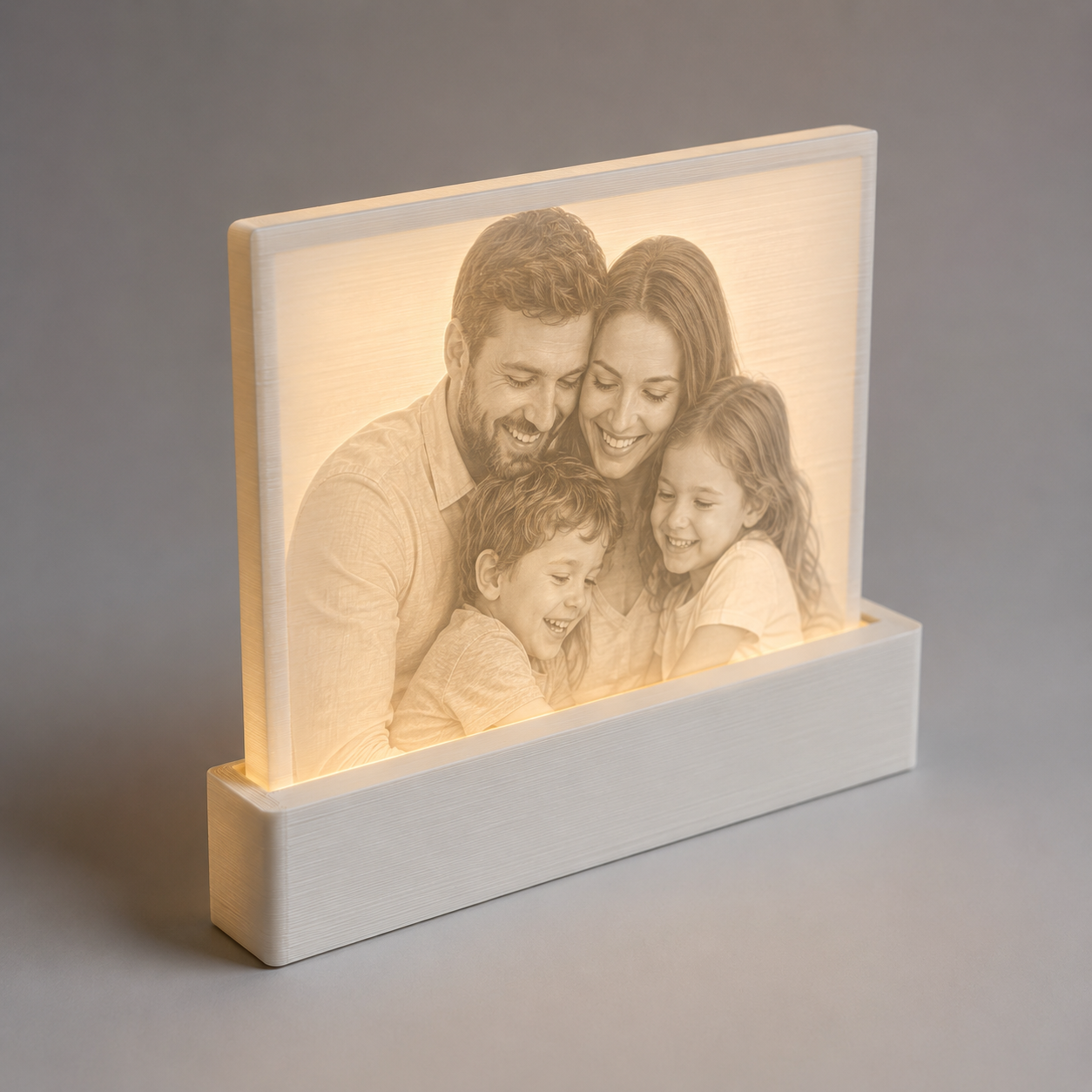 Illuminated rectangular 3D printed lithophane family photo lamp