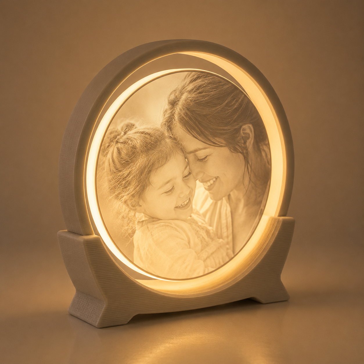 Round illuminated 3D printed lithophane mother and child photo lamp