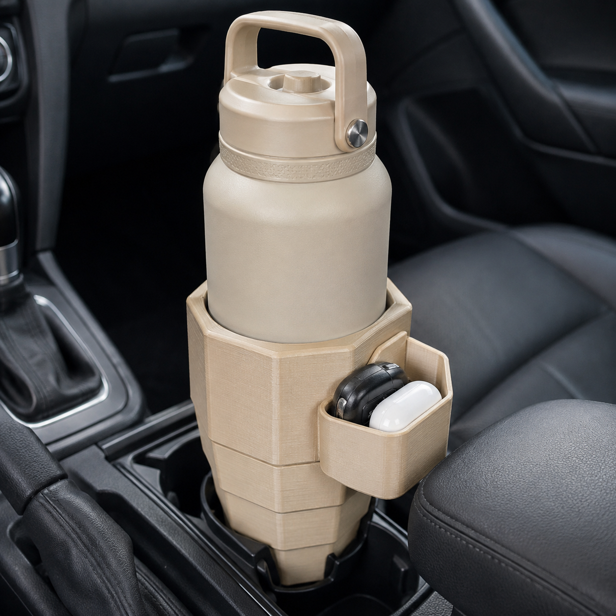 Beige 3D printed vehicle bottle holder with accessory pockets