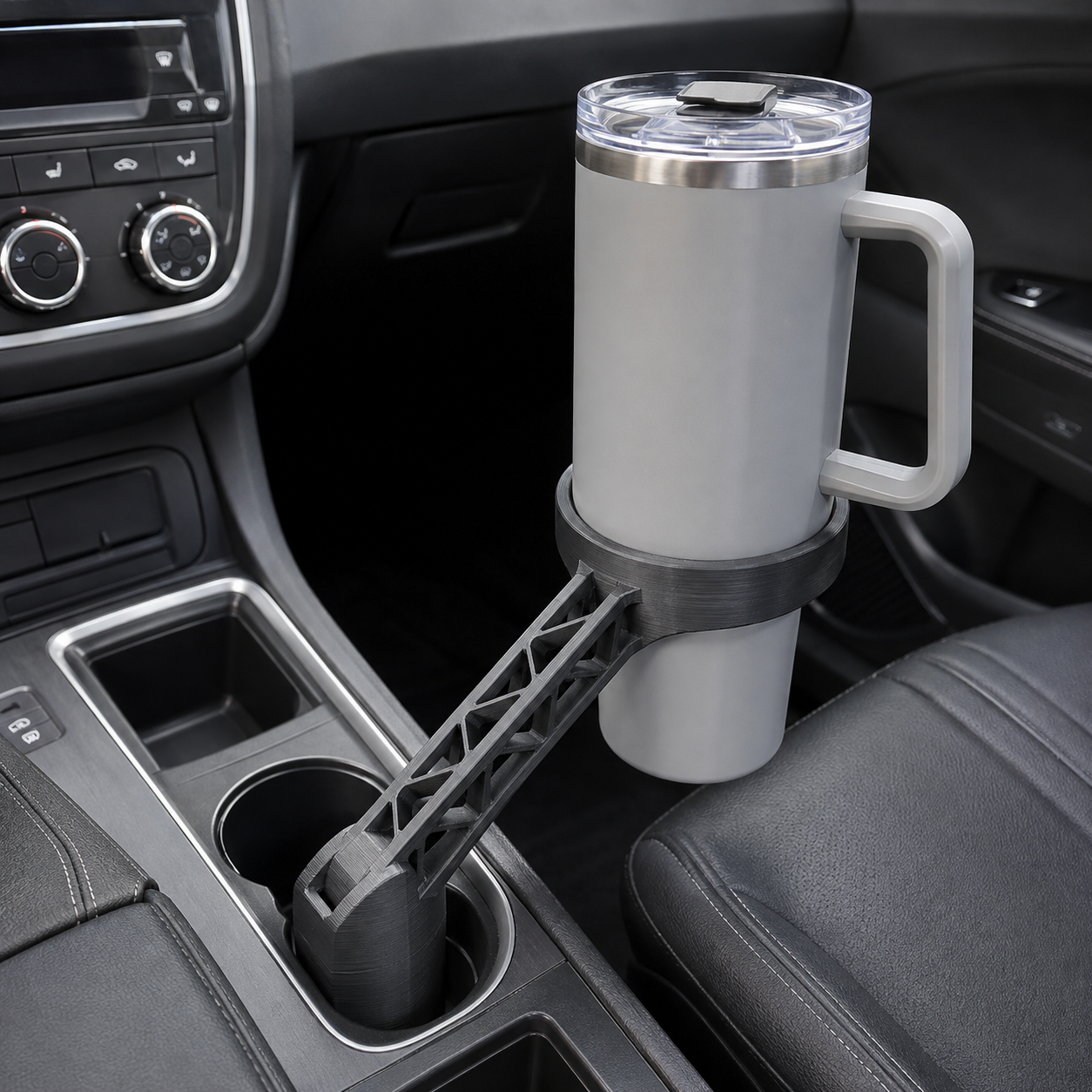 3D printed vehicle cup holder extension supporting a large tumbler