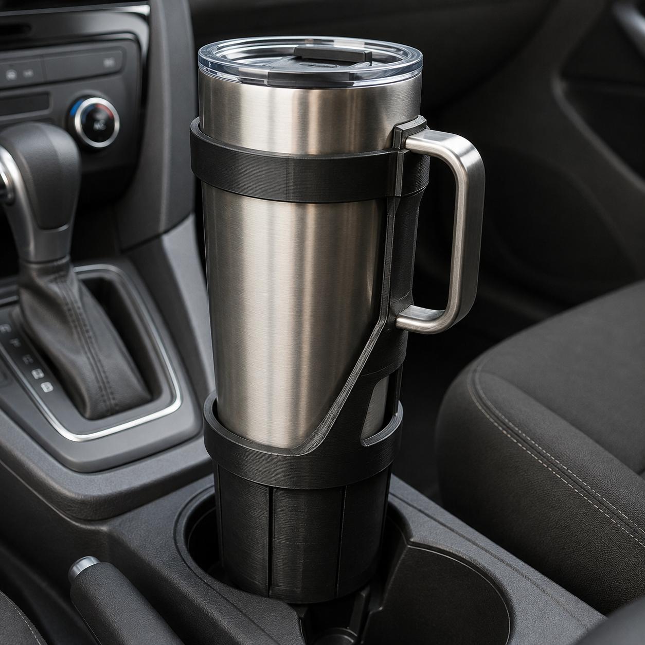 Black 3D printed support frame securing a stainless vehicle tumbler
