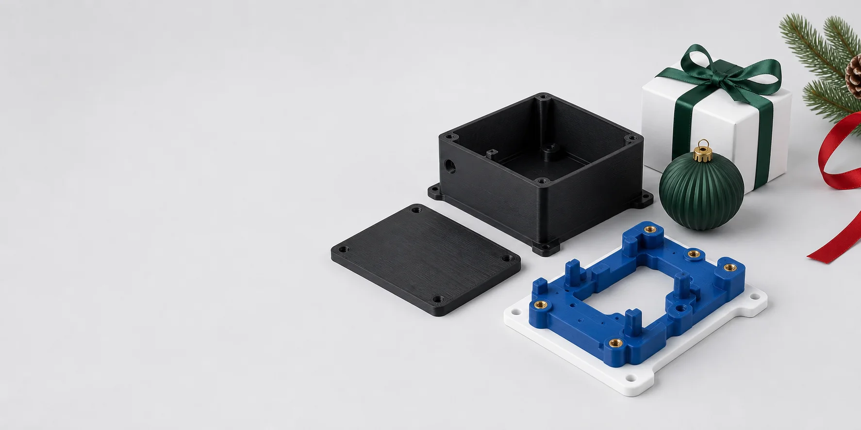 Christmas project concepts: industrial enclosure, blue fixture, mounting bracket and holiday ornament